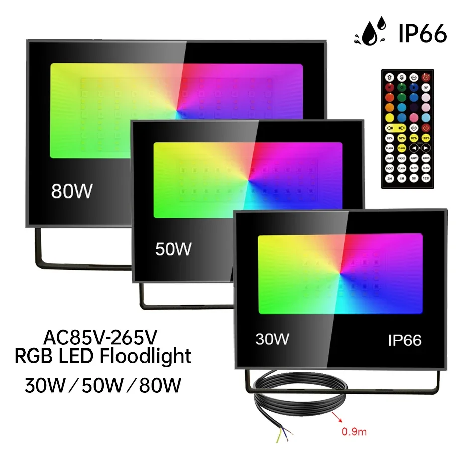 Фото Уличный светодиодный прожектор RGB AC85-265V, 30W 50W 80W, с диммированием, дистанционным управлением, водонепроницаемый, настенный светильник №1