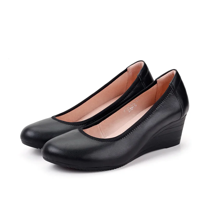 Soft Soled Work Shoes Women's Black Leather Shoes Not Tiring Feet Leather Slope Heel Single Shoes Stewardess Profession Shoes