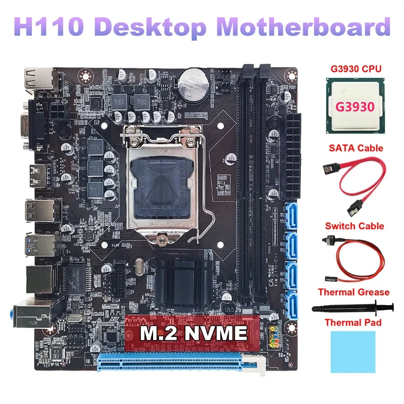 

H110 Desktop Motherboard+G3930 CPU+SATA Cable+Switch Cable+Thermal Grease+Thermal Pad LGA1151 DDR4 For 6/7/8Th CPU