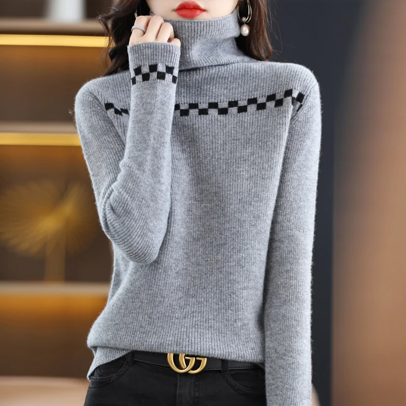 Smpevrg 100% Wool Knitted Sweater Autumn Winter Women Sweaters Female Pullover Long Sleeve Turtleneck Casual Jumper Clothes Tops
