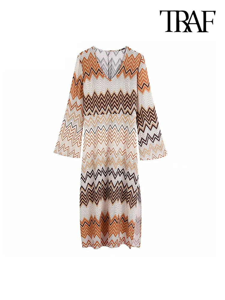 

TRAF Women Fashion Geometric Print Side Slit Midi Dress Vintage V Neck Long Sleeve Female Dresses Vestidos Mujer