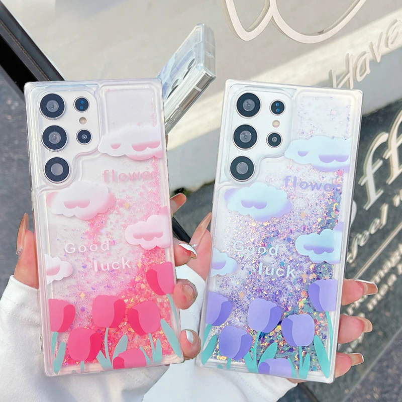 

Luminous Glitter Liquid Quicksand Flower Dynamic Phone Case For Samsung Galaxy Note20 10 9 8 P S30 S23 Ultra S21 S20 FE S11 Plus