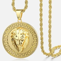 lion head gold plated carved round pendant necklace hollow back mens boys fashion jewelry lgp71