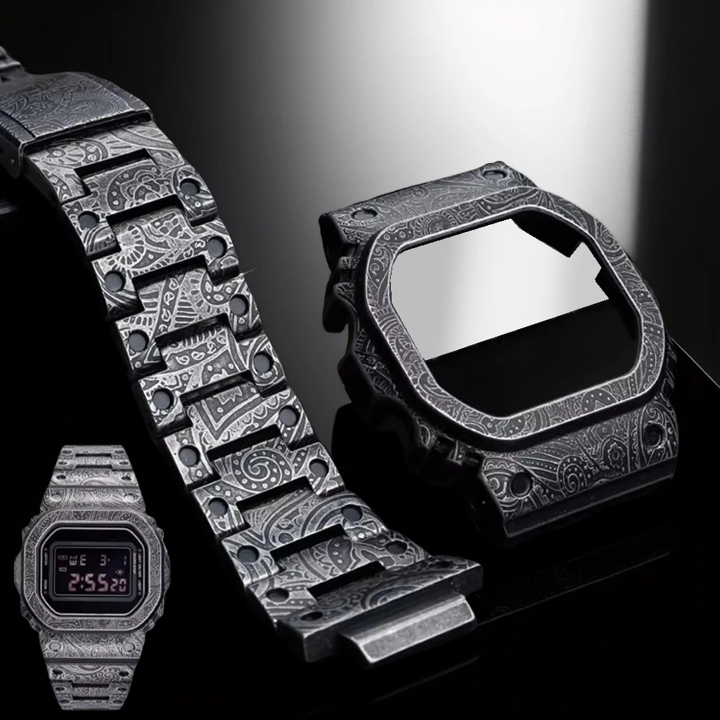 Фото Для Casio G-SHOCK ремешок для часов DW-5600 GW-B5600 GWM5610 GMW-B5000 ретро старый модернизированный металлический мужской корпус из нержавеющей стали ремешок для часов №1