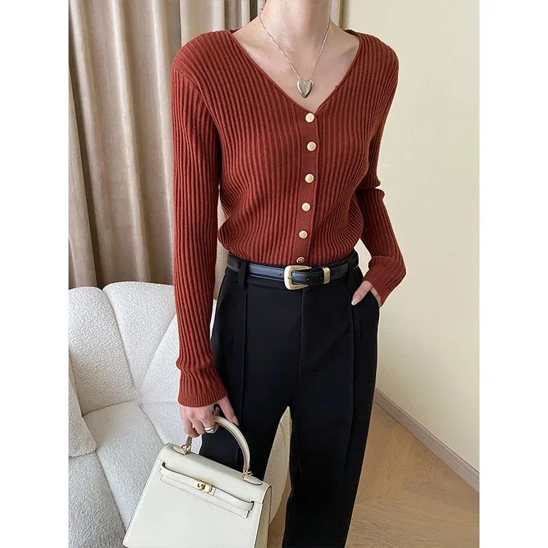 

Women's Gentle Temperament Versatile V-neck Commuter Pit Straight High Strecth Knitted Cardigan Top for Office Lady