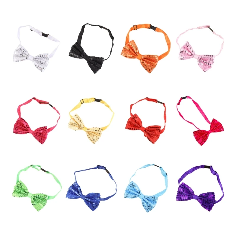 

F42F Unisex Pre-Tied Bowtie with Adjustable Strap Design Shiny Sequins Bowknot Ties