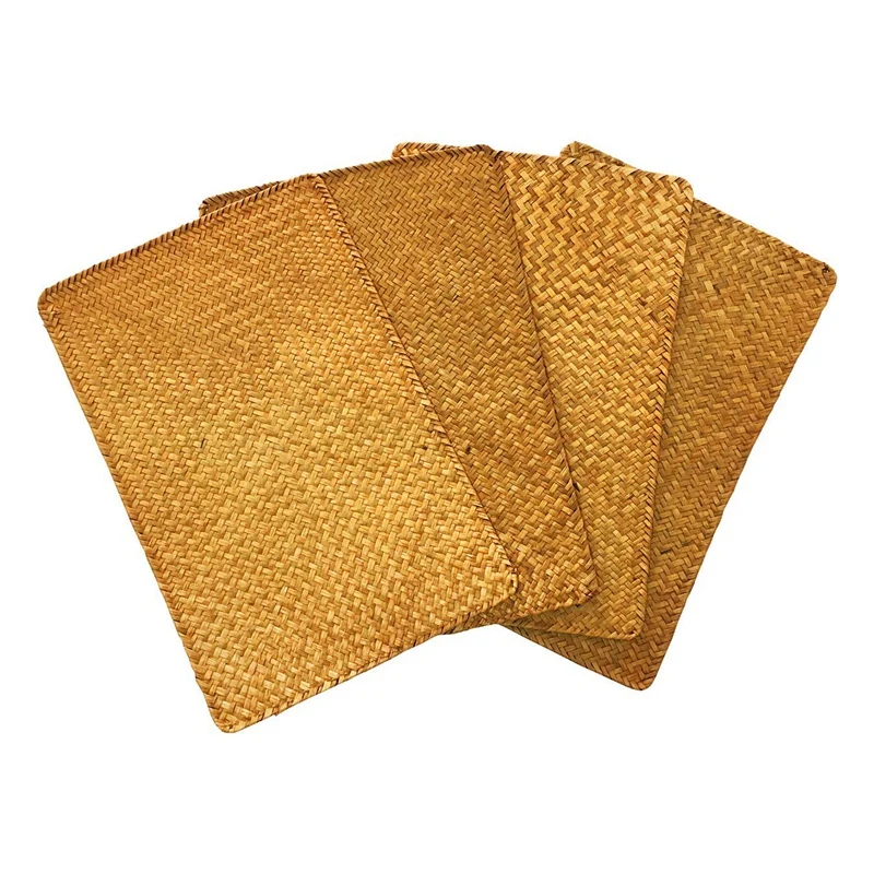 

Promotion! Pack of 4, Natural Seagrass Place MatHand-Woven Rectangular Rattan Placemats Straw Tea Cup Mat Potholder