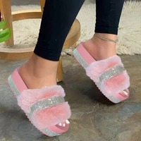 2022 summer new designer ladies rhinestone slippers thick sole wedge heel heel heightening sexy slippers furry slides for women