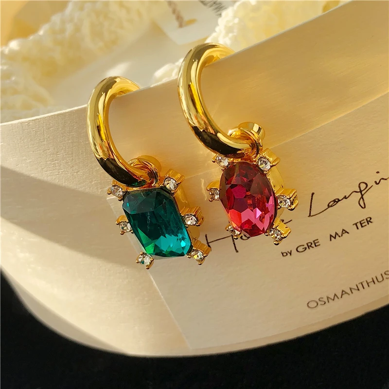 

Full-color diamond earrings square diamond ring earrings asymmetric detachable color contrast diamond earrings