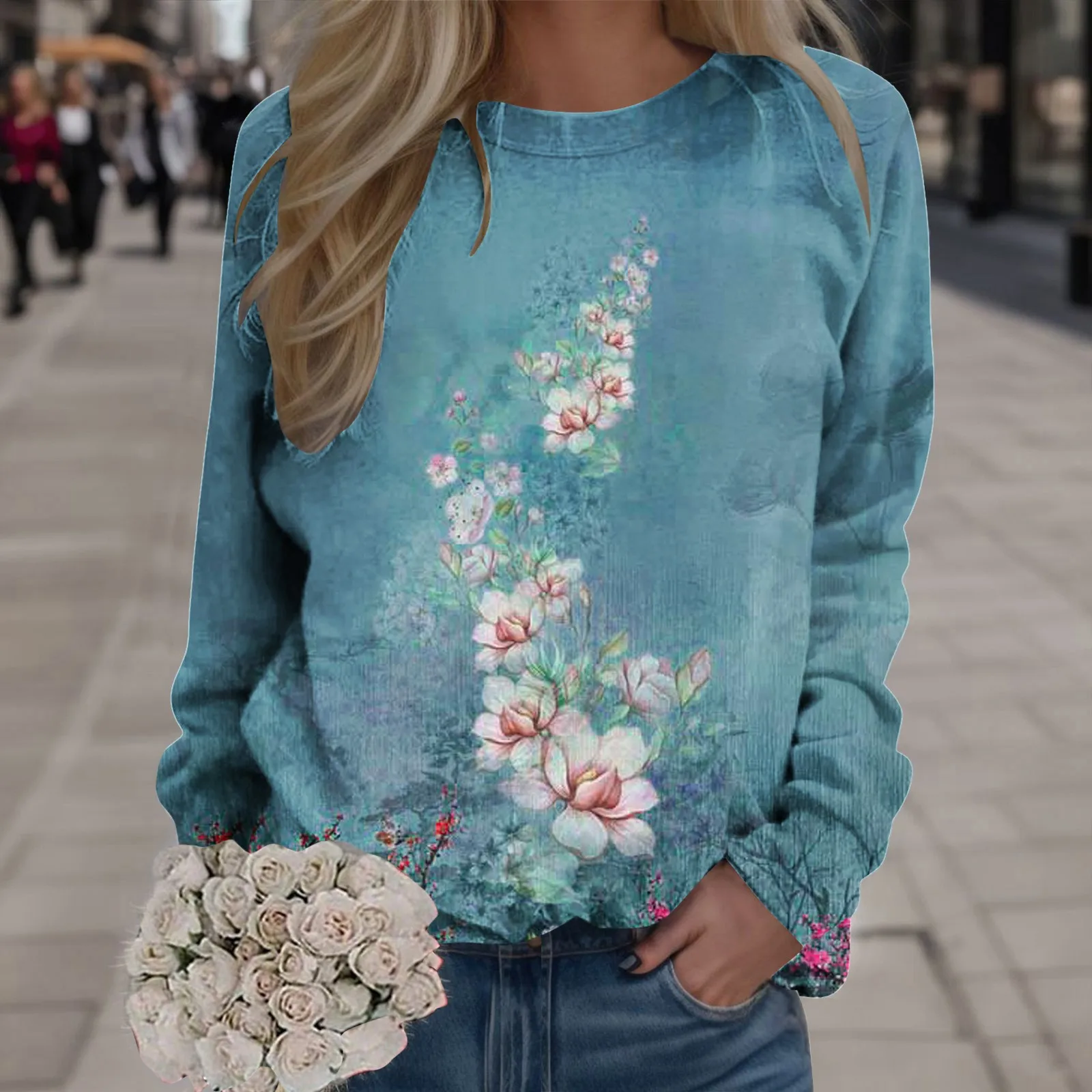 

Womens O Neck Sweatshirt Ethnic Floral Print Round Neck Fit Pullover Tops Casual Long Sleeve Workout Jumper Oversize Moletom