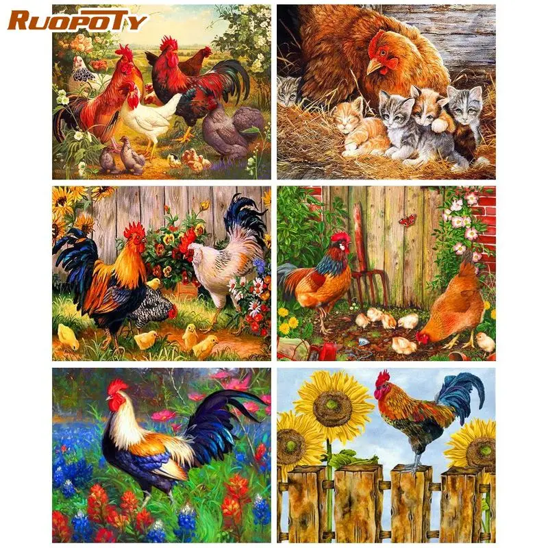 

RUOPOTY Classic Coloring By Number Diy Hand Painting Pictures By Numbers Animals cock Painting Numbers Wall Decor Artwork