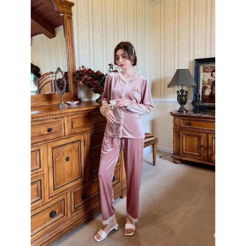 2023 Autumn New Pleuche Long Sleeve Trousers Home Wear Lace Fairy Style Solid Color Pajamas for Women.