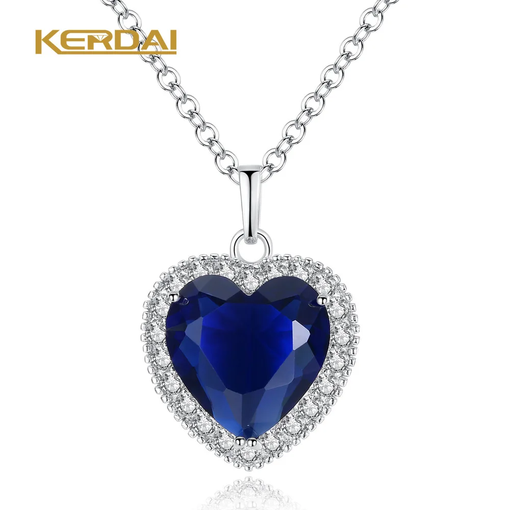 

New Statement Blue Stone Pendant Necklace for Women Red Heart Shaped Zircon White Gold Color Necklace Jewelry