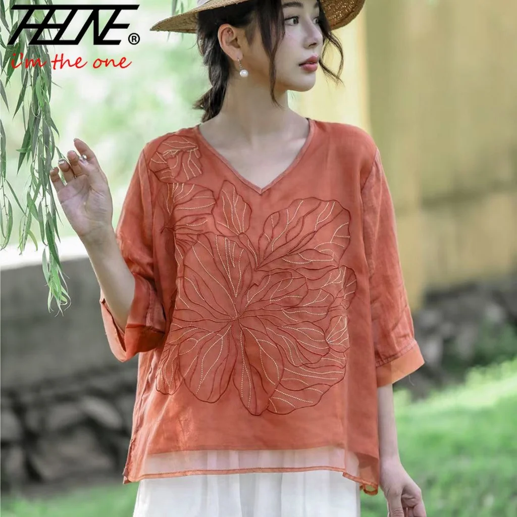 Женская одежда рубашки блузка летняя хлопчатобумажная Льняная блуза с вышивкой
