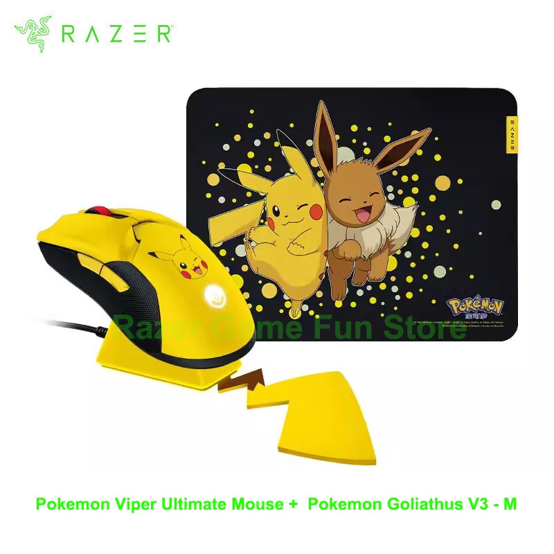 

Razer Pokemon Pikachu Edition Viper Ultimate Беспроводная игровая мышь с зарядной док-станцией + Goliathus V3 - M мягкий игровой коврик для мыши