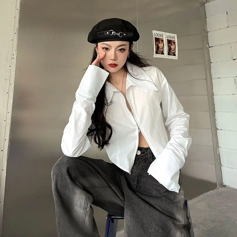 

New White Shirts Women Streetwear Slim Double Zipper Long Sleeve Blouse Spring Autumn New Style Y2k Crop Tops For Teen Girls