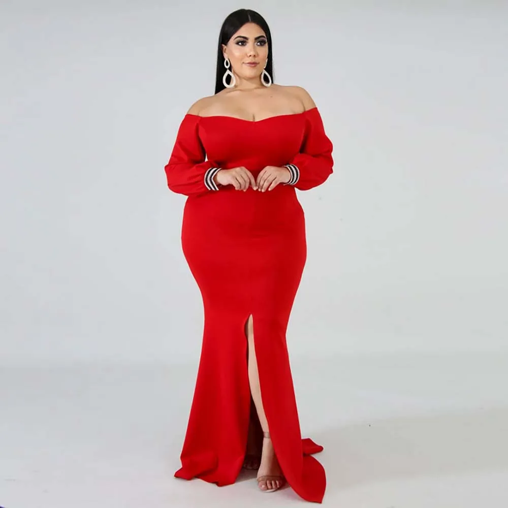 

2022 Elegant Evening Party Dress Plus Size Women African Ruffle One Shoulder Backless Long Robe Sexy Split Long Sleeve Red Dress