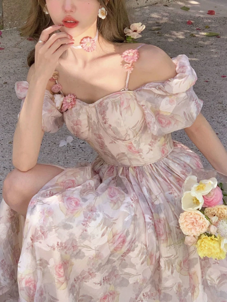

France Floral Sexy Dress Women Evening Party Midi Dresses Female Print Designer Chic Korean Fashion Casual Retro Dress 2022