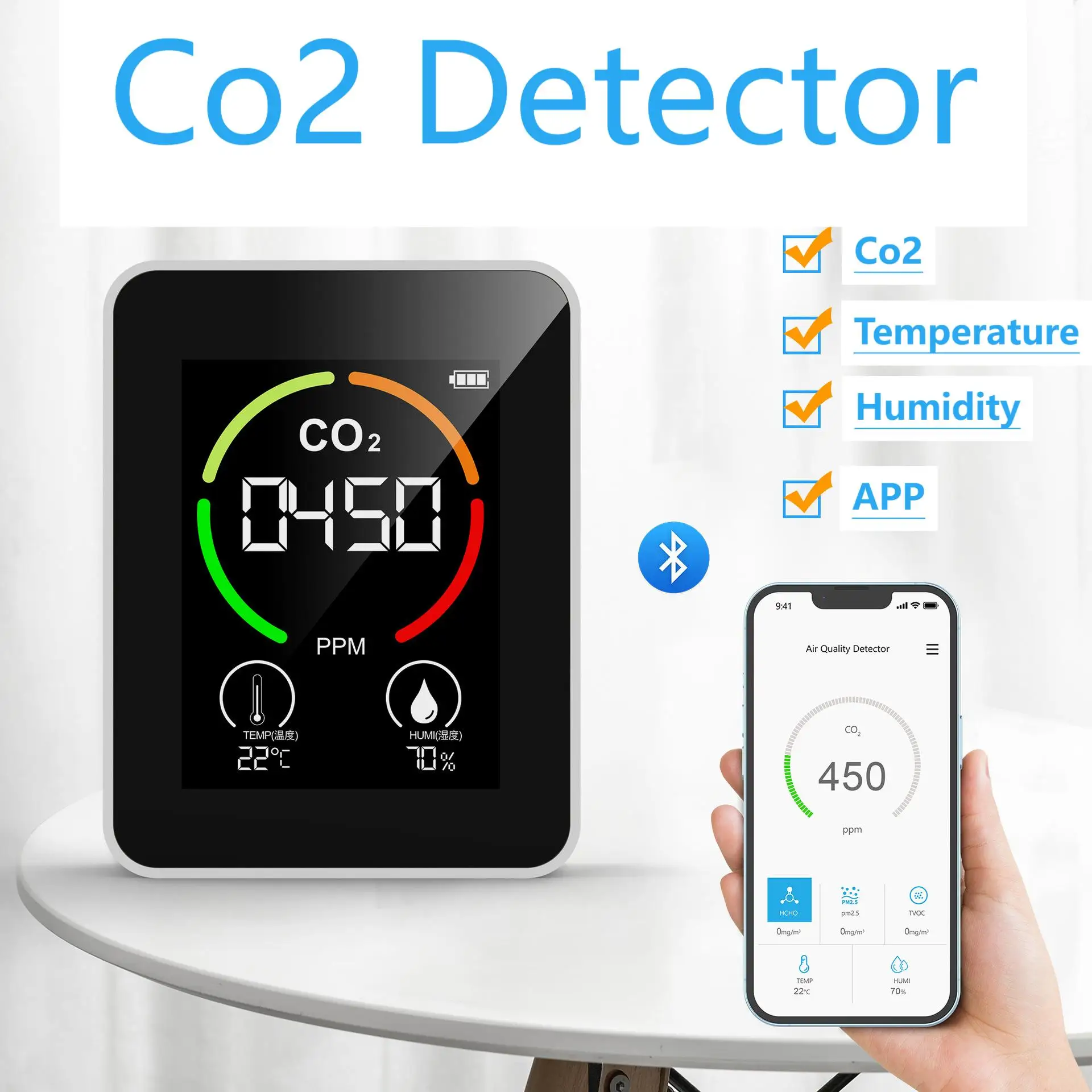 Портативный детектор CO2 Детектор датчик углекислого газа HCHO TVOC Temp Humi 5 в 1 метр