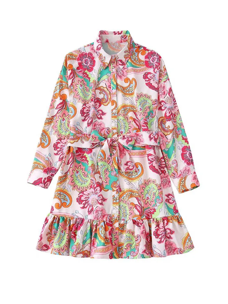

Женское мини-платье-рубашка с цветочным принтом, длинным рукавом и поясом-кушаком