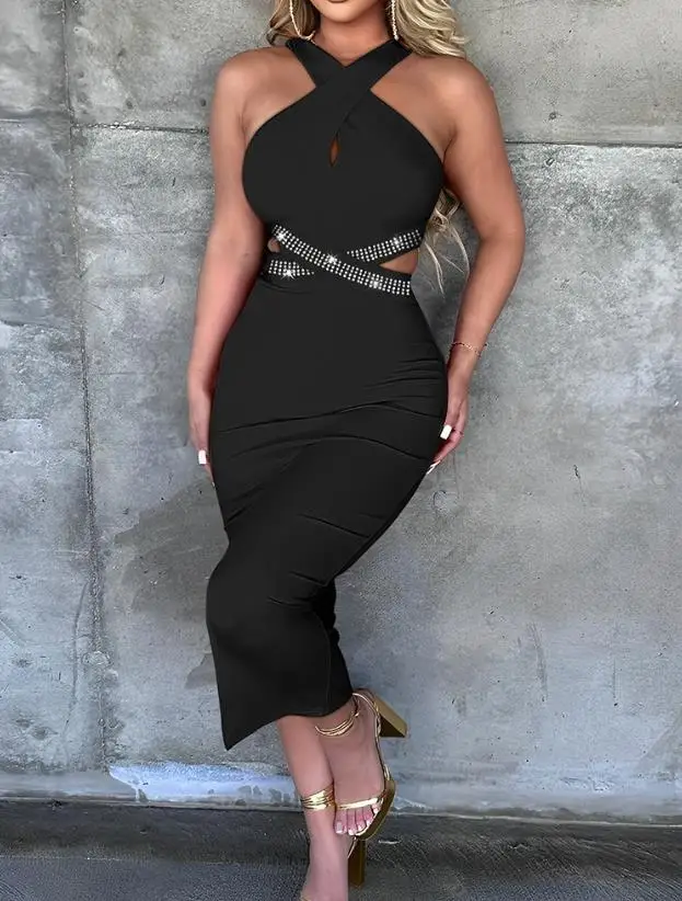 

Elegant Women's Sleeveless Halter Dress 2023 Black Rhinestone Decor Criss Cross Cutout Skinny Dress Sexy Asymmetrical Neck Dress