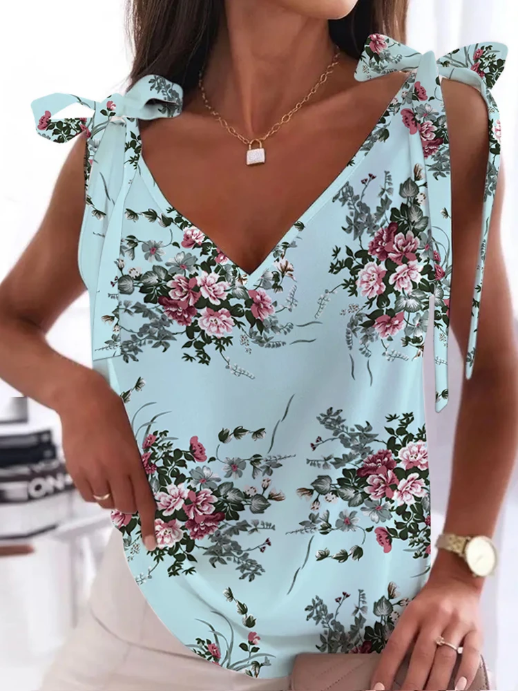 

Блузка женская с цветочным принтом, модный элегантный топ без рукавов, на бретелях, пуловер с V-образным вырезом, жилет, Офисная Свободная ру...