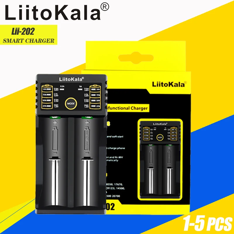 

1-5 шт., зарядное устройство LiitoKala Lii-202 18650, 1,2 В/3,7 в/3,2 В/3,85 В, 21700, 20700, 2665014500, 16340, умное зарядное устройство для никель-металлогидридных и литий-ио...