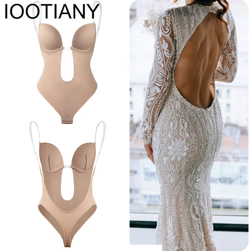 

IOOYIANY Women Bodysuit Shapewear Deep V-Neck Body Shaper Backless U Plunge Shapers Trainer Clear Strap Padded Push Up Corset