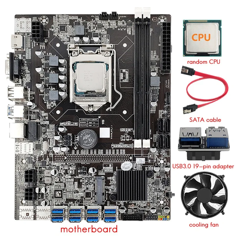 

B75 8 Card BTC Mining Motherboard+CPU+Fan+USB3.0 19-Pin Adapter+SATA Cable 8 USB3.0 (PCIE) GPU Slot LGA1155 DDR3 SATA3.0