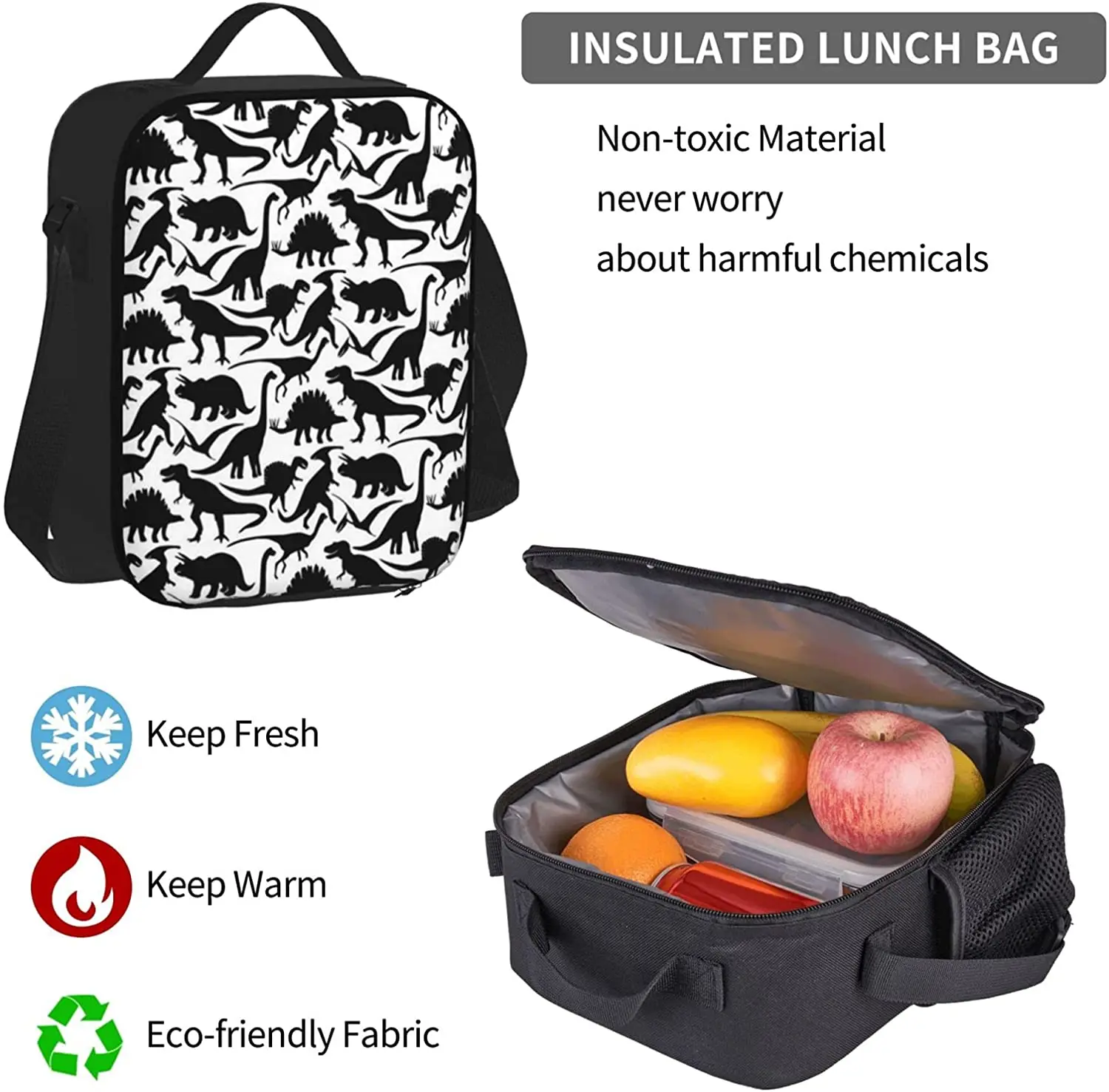 Dinosaur Friends Black Backpack Set 3-Piece Teen Boys Girls Backpack Messenger Lunch Bag Pencil Case Set