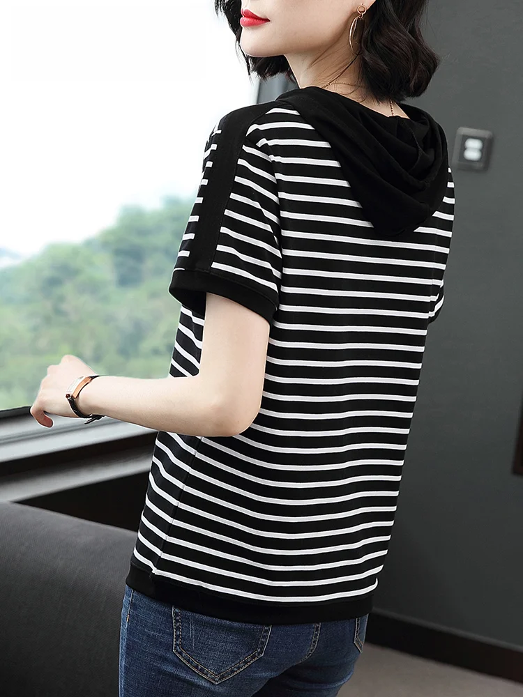 Футболка с капюшоном и коротким рукавом Женский Топ из чистого хлопка в полоску