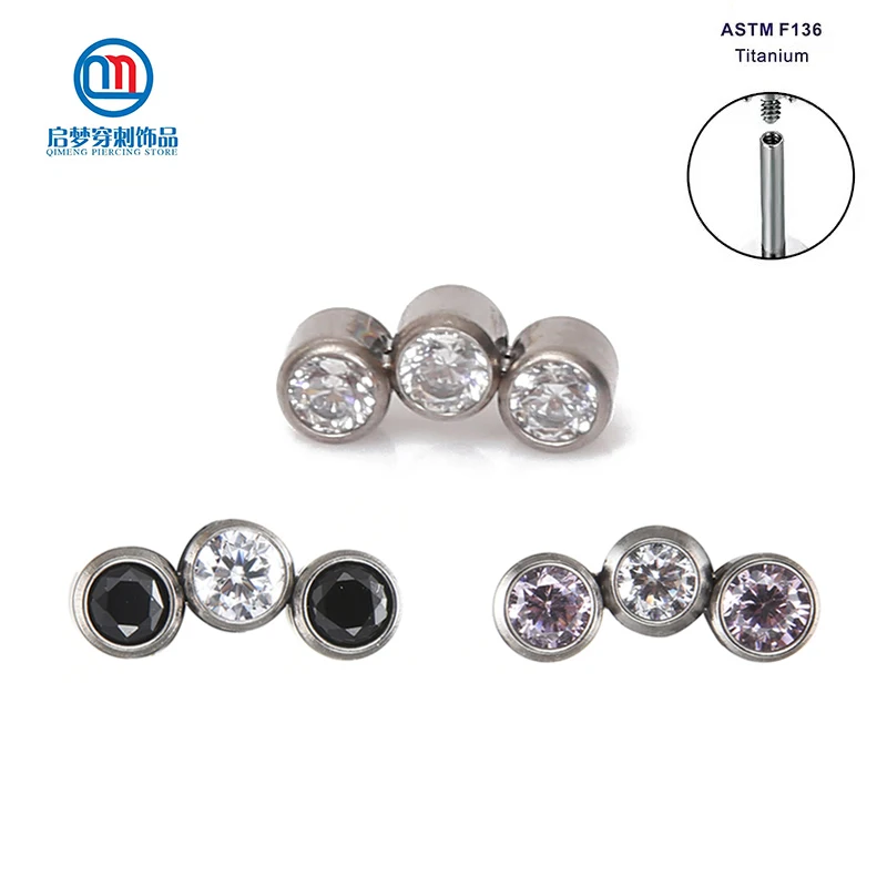 

ASTM F136 Titanium Internally Threaded Bezel Set Mini 3 Stones Cluster Ends Labret Stud Piercing Jewelry