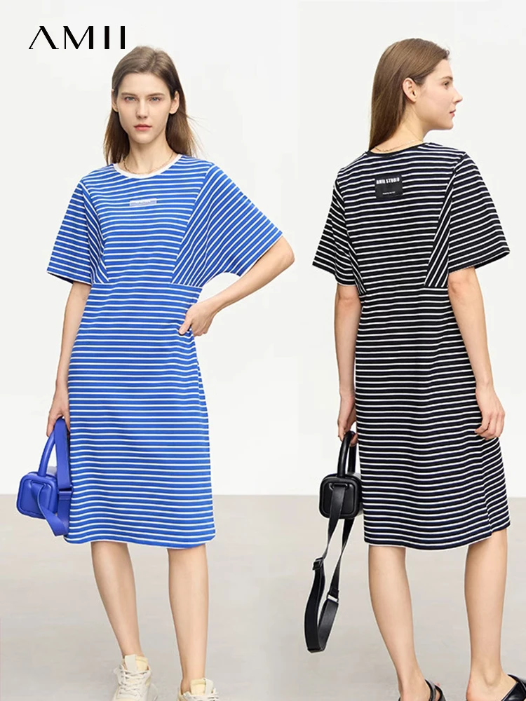 

AMII Minimalism Women's T Shirt Dress 2023 Summer Pullovers Stripe Batwing Short Sleeves O Neck Casual Female Vestidos 12322155