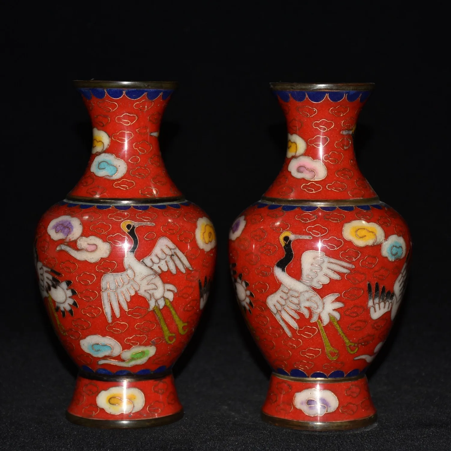 

6"Tibetan Temple Collection Old Bronze Cloisonne Enamel Crane pattern longevity pot belly bottle vase a pair Town House