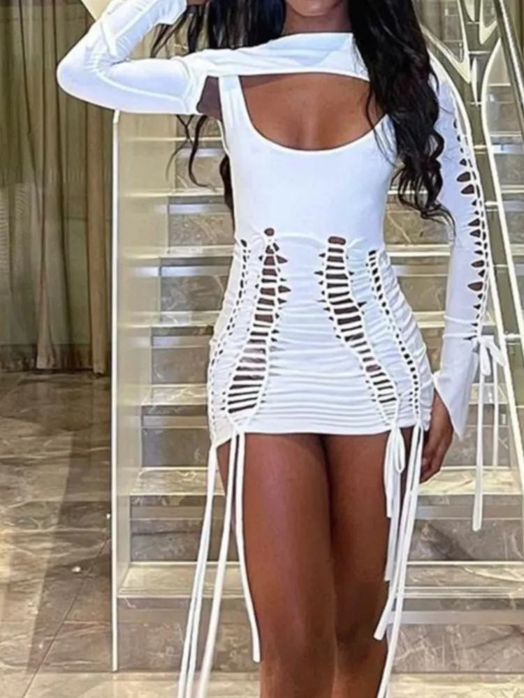 

ArtSu/вечерние платья, облегающие, женские, мини, с вырезами, Осень-зима, с кисточками, Y2K, с длинным рукавом, белые, сексуальные платья, Клубные, ...