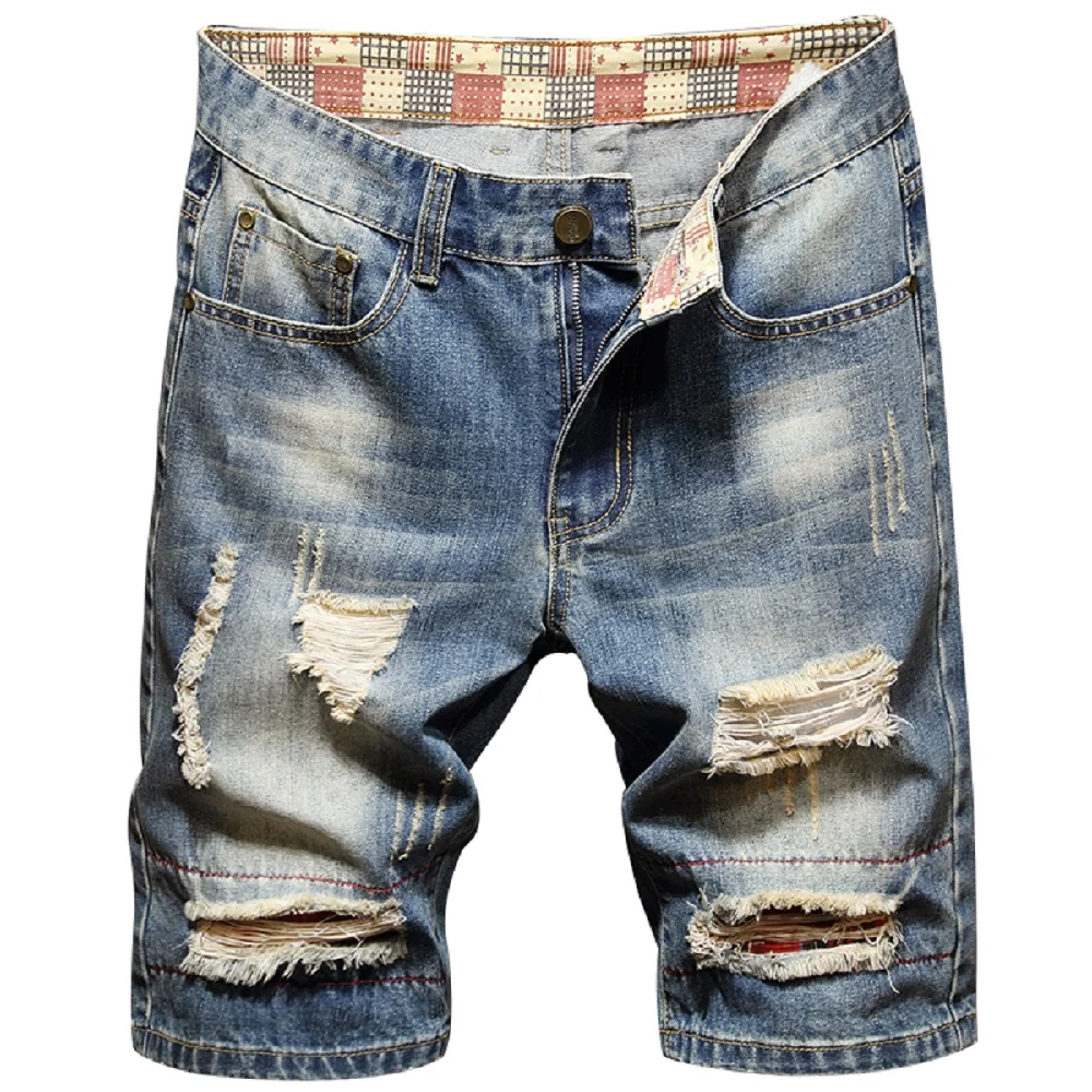 Men's Classic Split Short Jeans Summer Fashion Cotton Shorts Breathable Perforated Denim Shorts New Men's Clothing