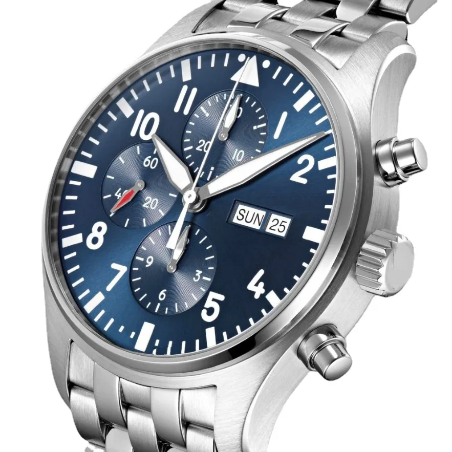 

Mens Sport Watch Pilots Watches Quartz Movement Chronograph Blue Dial Stainless Steel Bracelet 43mm Male Wristwatch