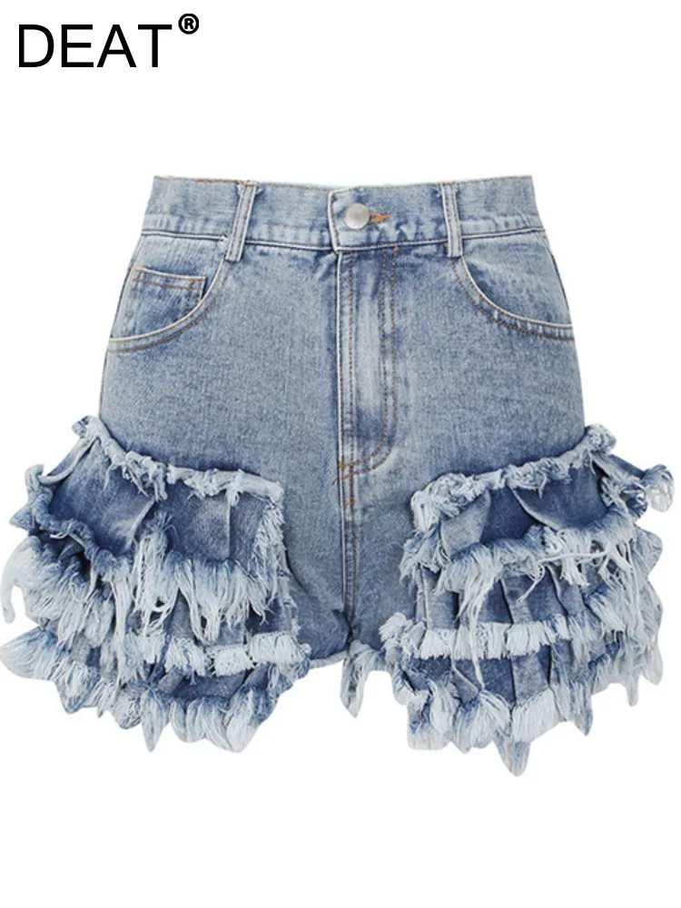 

DEAT Women's Denim Shorts High Waist Spliced Pleated Multilayer Tassel Solid Color Short Jeans 2023 Summer New Fashion 29L332
