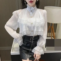 shirt womens 2022 spring new french style stand up collar chiffon design ruffle top blouse women%e2%80%99s tops solid casual