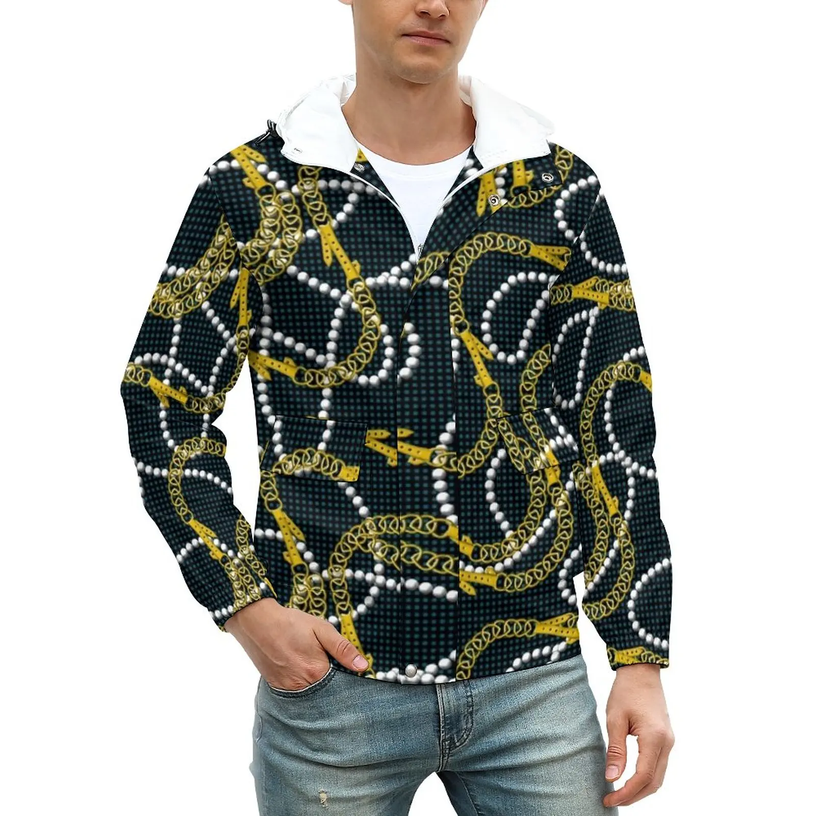

Повседневные мужские куртки с золотыми цепочками, современные пальто с жемчужным принтом, осенняя ретро-куртка на молнии, Дизайнерская вер...