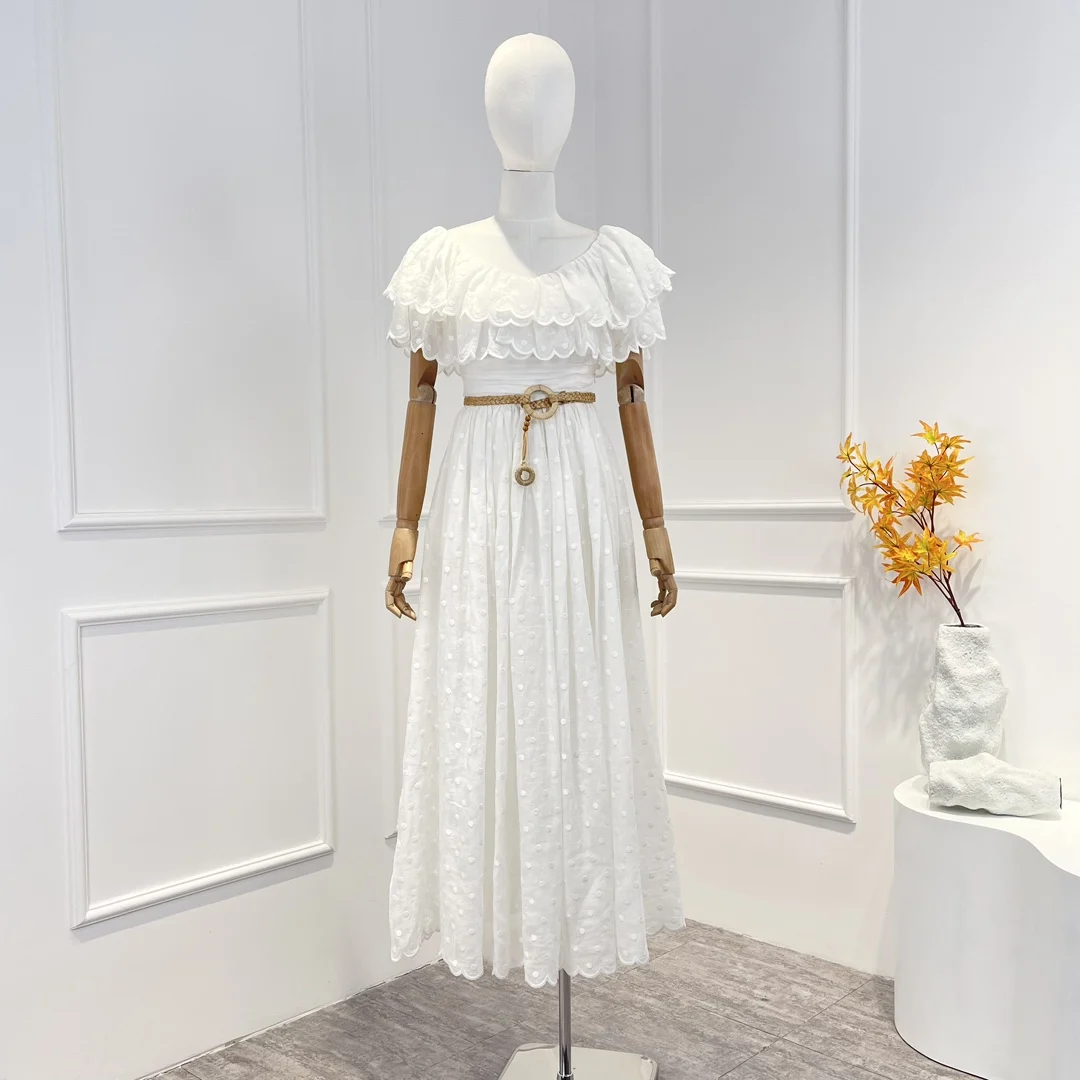 

Worldcloset Top Quality 2023 New Spring Polka Dots Print Off The Shoulder Belt Ruffles Folds White Women Elegant Midi Dress