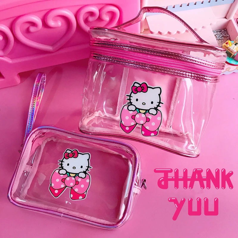 Косметичка Hello Kitty из прозрачного ПВХ милая сумка с клубничным бантом и