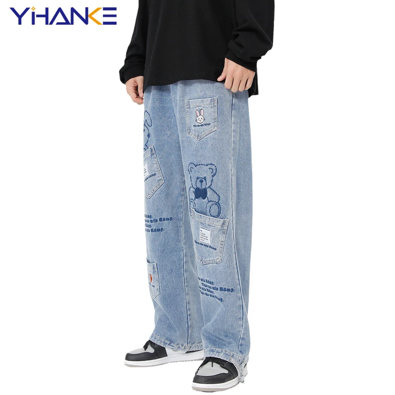 Harajuku Japanese Retro Bear Embroidered Wash Jeans Men and Women Couples with The Same Paragraph Loose Straight Trousers Tide