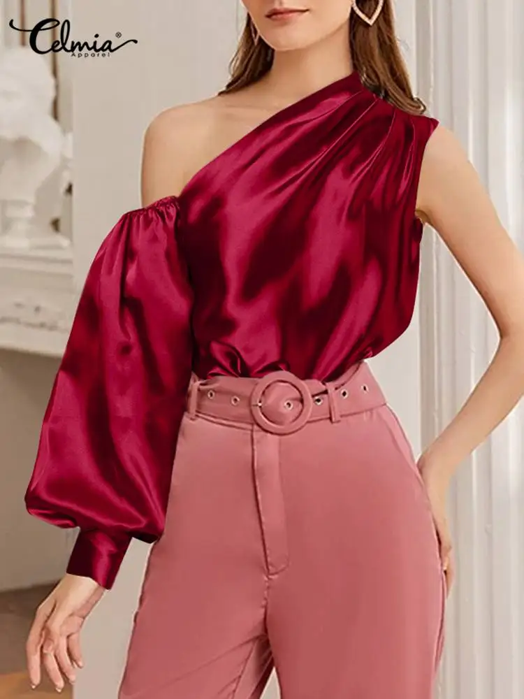 

Celmia Asymmetrical Women Shirts Party Lantern Sleeve 2023 Fashion One Shoulder Blouses Satin Silk Luxury Streetwear Chic Blusas
