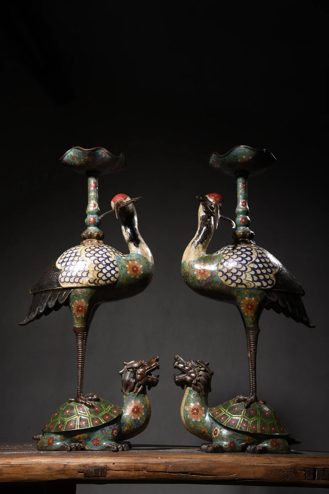 

25"Tibetan Temple Collection Old Purple Bronze Cloisonne red-crowned crane step on Tortoise Candlestick A pair Worship Hall