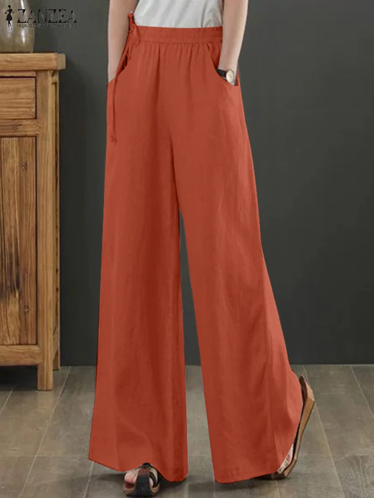 

ZANZEA Autumn Elastic Waist Palazzo Women Wide Leg Pants Solid Color Side Pockets Pantalon Casual Elegant Vintage Long Trousers