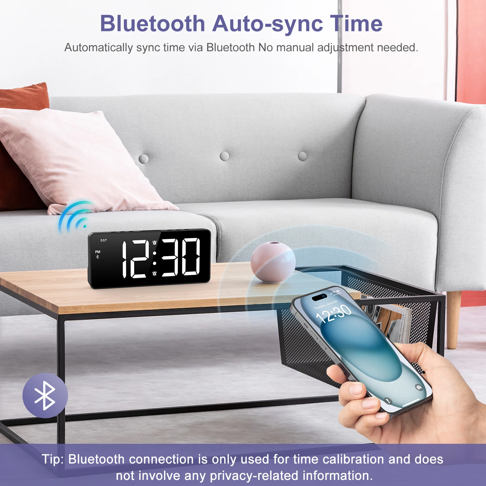 Фото ORIA 7-дюймовый светодиодный будильник с синхронизацией времени Bluetooth Цифровой будильник с двойным будильником и 5 уровнями яркости для домашнего офиса №2