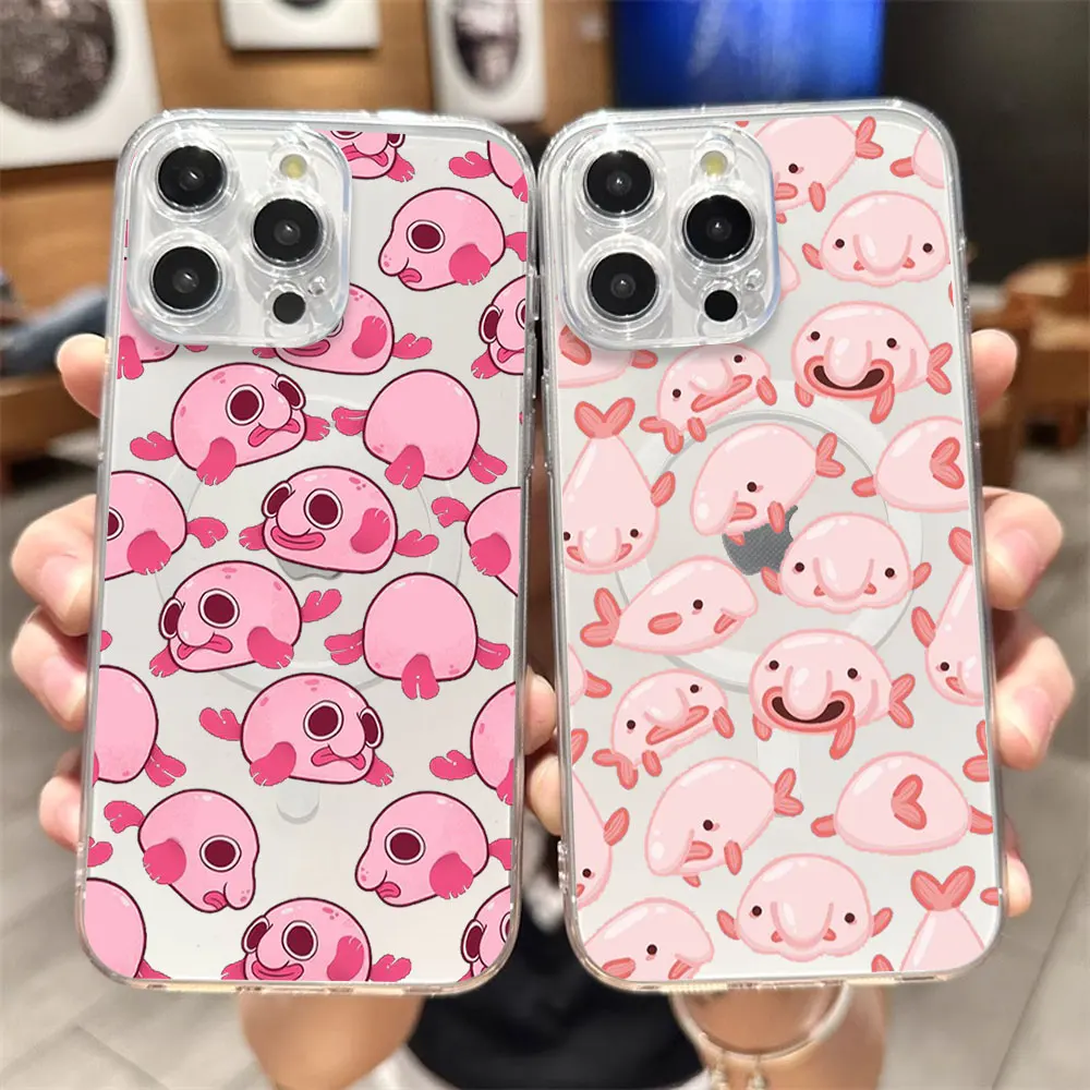 Cartoon Blobfish Phone Case for iPhone 12 11 13 14 15 16 Max Pro Plus Transparent Magsafe Magnetic Wireless Cover