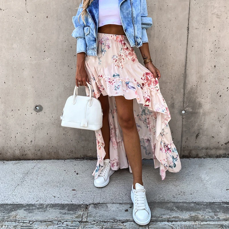 

Женская длинная юбка в пляжном стиле, элегантная Асимметричная юбка с цветочным принтом и высокой талией, лето 2022