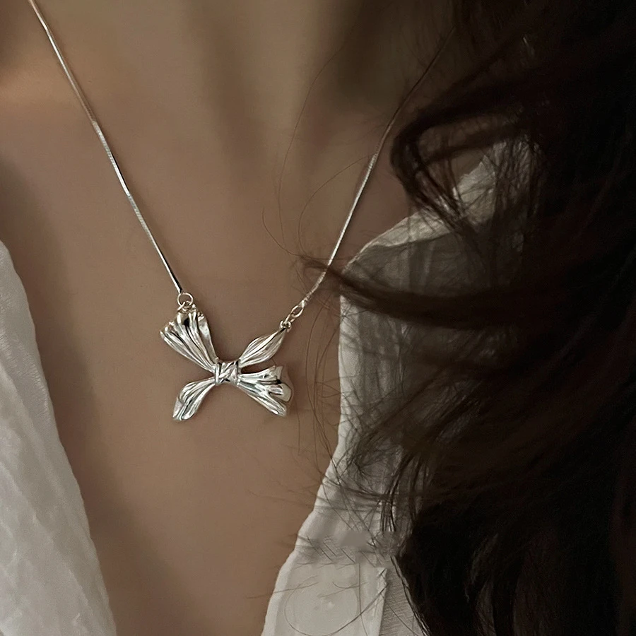 

925 Silver Color Bow Lace Choker Necklace For Women Wide Fine Jewelry Wedding Party Birthday Gift